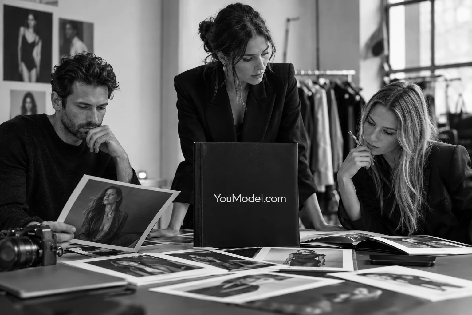 Creative professionals reviewing a YouModel.com portfolio in a photography studio